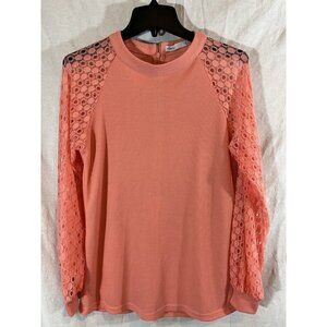 Miholl Women's Small Coral Pink Waffle Print Blouse With Lace Sleeves